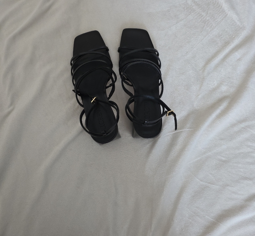 J. Crew Black Strappy Square-Toe Block Heel Sandals with Gold Buckles